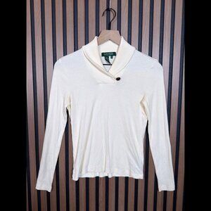 Lauren Ralph Lauren Sweater Petite P Womens Ivory Ribbed Shawl Neck 100% Cotton